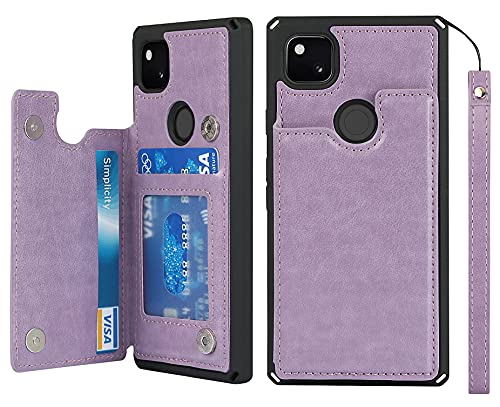 iCoverCase for Google Pixel 4a Wallet Case with Credit Card Holder Stand [RFID Blocking] Premium PU Leather Kickstand Magnetic Shockproof Flip Case with Wrist Strap (Purple)