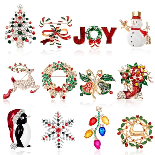 Image of 12PCS Merry Christmas Brooches, Crystal Rhinestone Pins for Women | Xmas Trees Snowman Elk Penguin Light Bulb Design, Sparkling Christmas Jewelry Gift for Girls, Holiday Party Ladies Accessorie