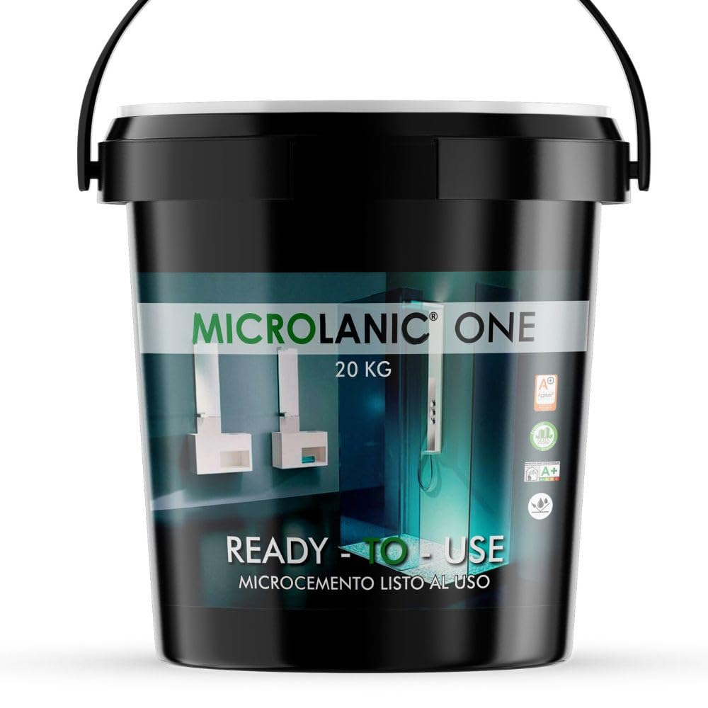 MICROLANIC ONE GRUESO (20KG). Para 40m2. Microcemento Listo al Uso de Grano Grueso. Para 14m2. Preparación de soportes en paredes y suelos. Este producto es parte de un Sistema. Color Blanco neutro.