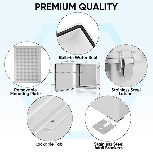 Image of TICONN Outdoor Electrical Box Waterproof, Junction Box IP67 ABS Plastic Enclosure with Hinged Cover with Mounting Plate, Wall Brackets, Cable Glands (Off-White, 17.7 inchx13.8 inchx7.9 inch)