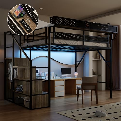 Image of Full Size Metal Loft Bed with Storage Stairs, Wardrobe & Charging Station | Storage Shelve,Convertible Staircase,LED Lights, Solid Wood Stairs, Safety Guardrail, Noise-Free, No Box Spring Needed