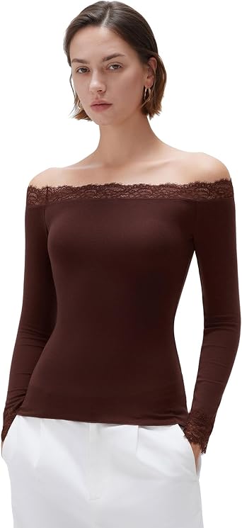 SUUKSESS Cloud Cashmere Women Lace Off Shoulder Long Sleeve Shirt Basic Knit Top