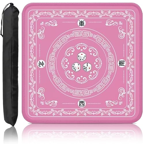 Mahjong Mat,Elegant Pink with Lace Trim & Dice Motif,Waterproof Surface,Anti-Slip Foldable Design Game Mat 31.5×31.5 Inch for Asian-Themed Game Nights
