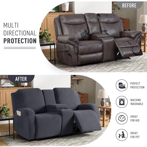 Image of KinCam Loveseat Recliner Covers with Middle Console Slipcover, Recliner Sofa Covers 2 Seat Couch Cover Stripe Jacquard Furniture Protector Covers with Elastic Bottom for Kids, Pets (Charcoal Gray)