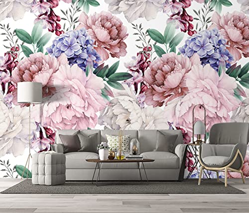 Bzhxbz - Pink Peony Floral Wallpaper Bedroom Botanical Flowers Leaf Murals Aesthetic Room Decor Living Room Tv Background Large Wall Mural - 91"X65" Not Peel And Stick #TOP1
