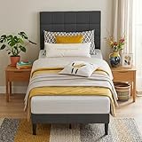 PayLessHere Twin Size Platform Bed Frame with Fabric Headboard/Upholstered Platform Bed/Wooden Slats Support/Fully Upholstered Mattress Foundation/No Box Spring Needed/Easy Assembly, Dark Grey