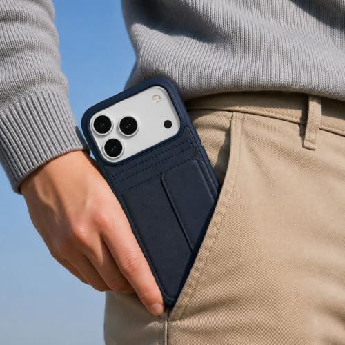 Image of amazon basics Luxury Vegan Leather Back Cover for iPhone 17 Pro Max | Built-in Card Holder Slot | Integrated Mobile Stand | Slim Shockproof Protective Case with Stitched Finish - Blue