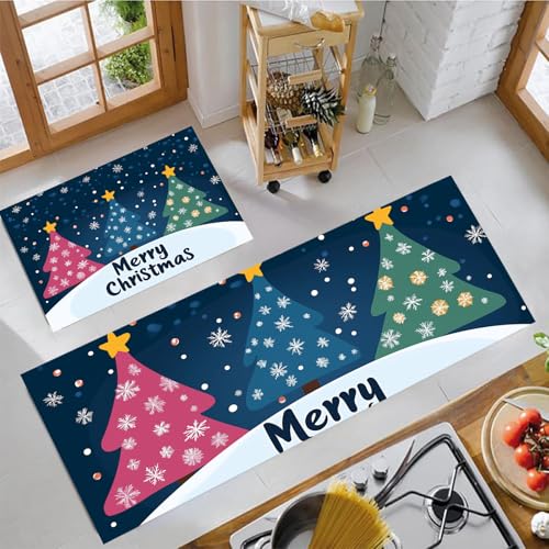 Alfombras de cocina JEDTAKCT de 2 piezas azul oscuro con copos de nieve 2