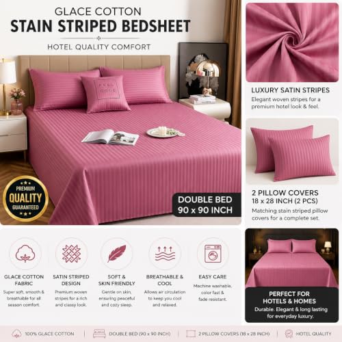 Image of Satin Striped Glace Cotton Double bedsheet with 2 Pillow Cover | Soft & Smooth Finish | Double Bed bedsheet 90 x 90 Inch | Pillow Cover 18 x 28 Inch | Breathable, Fade Resistant
