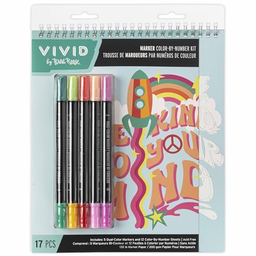 Vivid by Brea Reese: Marker Color-By-Number Kit - Good Vibes - 5 Dual-Sided Markers, 12 Retro Design Coloring Pages, Groovy Themed Spiral Art Pad