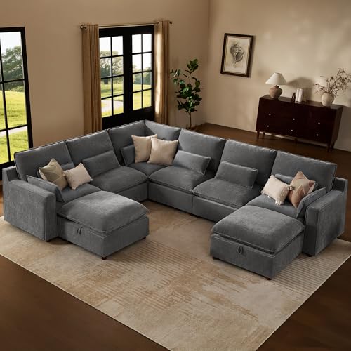 Image of WorthFurni Modern Modular Sectional Sofa,137 inch V Shape Sectional Cloud Couch with Storage Ottoman,Comfty 8 Seat Sofa for Living Room,Grey Chenille