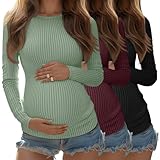 Riyiper 3 Pack Women's Maternity Shirts Long Sleeve Ribbed Knit Pregnancy Tees Crewneck Tunic Clothes Casual Fall Tops(Light Green, Burgundy, Black,Large)