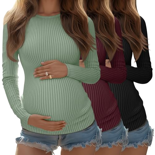 Riyiper 3 Pack Women's Maternity Shirts Long Sleeve Ribbed Knit Pregnancy Tees Crewneck Tunic Clothes Casual Fall Tops(Light Green, Burgundy, Black,Large)