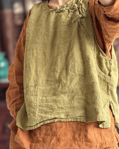Women\'s Linen Vest Round Neck Chinese Plate Button Short Sleeveless Loose Solid Color Top with Patch Pocket (US, Alpha, One Size, Regular, Regular, Light Green)