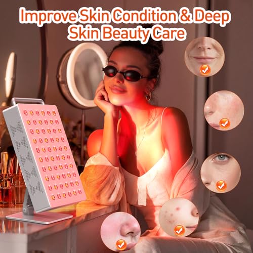 Image of Red Light Therapy Panel 5 Wavement 60 Dual Chip LEDs 630+660+810+830+850nm Red and Near Infrared Lamp Therapy Device 100W with Timer & Stand for Body Pain Relief Face Skin Health Sleep White