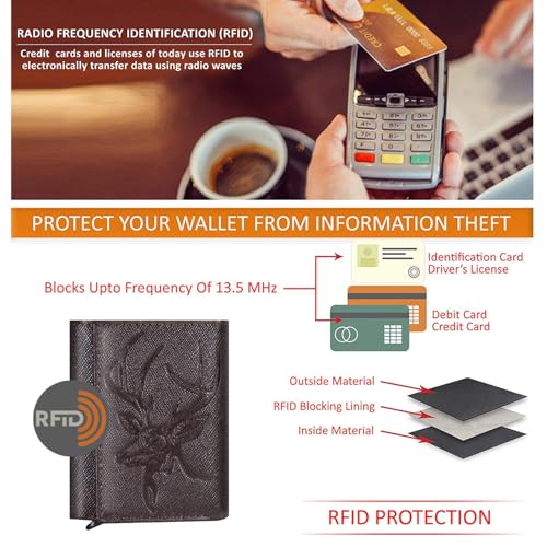 Image of Men's Genuine Leather RFID Wallet | Premium Slim Red Wallet for Men with Deer 3D Print | 8 Card Slots Secure and Durable | Casual Stylish | Formal & Gifting Use, Golden (SAFIANO /Brown)