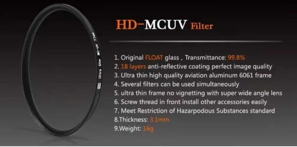 Lámpara UV49mm 52mm 55mm 58mm 62mm 67mm 72mm 77mm (Size : 72mm, Color : HD MCUV)