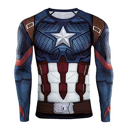 Superhero Mens Compression Shirt Captain America 3D Print Long Sleeve Athletic Fitness Gym Top Workout T Shirts for Menâ€¦ Blue