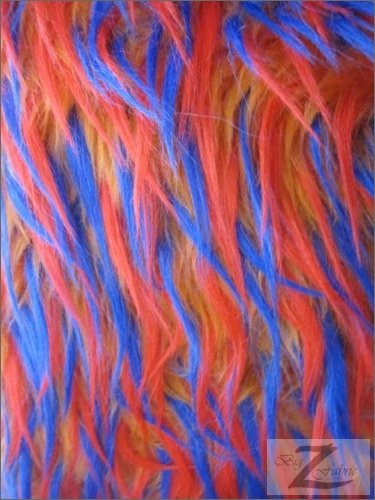 FAUX FAKE FUR 3 TONE SPIKED SHAGGY LONG PILE FABRIC - Red Blue On Orange - 60" WIDTH SOLD BY THE YARD