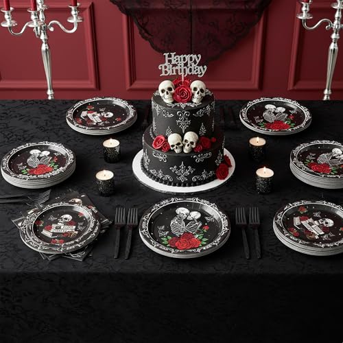 G1ngtar 96Pcs Dark Romance Book Lover Skull Rose Black Gothic Party Plates Supplies Tableware Decorations Disposable Paper Plates Napkins Forks for Birthday, Serves 24 - image 5