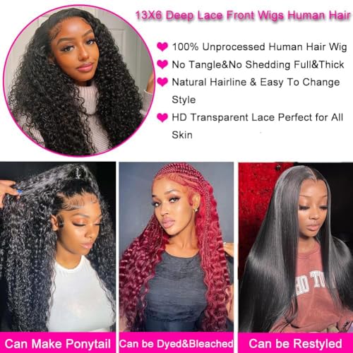 Image of Water Wave 13x6 HD Transparent Lace Front Wigs Human Hair Pre Plucked Deep Wave Glueless Wigs Human Hair 180% Denisty Lace Frontal Wigs Human Hair for Women Natural Black Color 22 Inch