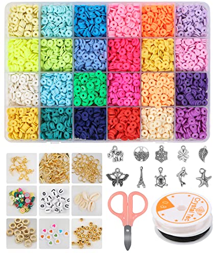 Juego de 6000 cuentas de arcilla Heishi para hacer joyas, 24 colores de cuentas planas de 0.236 in, cuentas espaciadoras de arcilla polimérica, kit de fabricación de collar y pulsera con kit de dijes colgantes, cuentas de letras, cuentas de frutas, anillos de salto