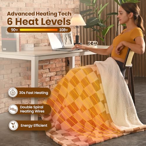 Image of Bearhug Heated Blanket Throw 50 inch x 60 inch Electric Blanket, Reversible Brown Plaid Sherpa Heating Blanket, 6-Heat Levels & 4H Auto Off, ETL, Machine Washable