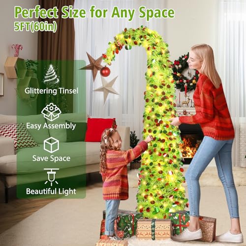 HMASYO 5 FT Whimsical Pop Up Christmas Tree with Timer Lights, Lime Green Christmas Tinsel Tree Collapsible Artificial Curved Pencil Tree for Indoor Home Apartment Porch Holiday Party Decorations by HMASYO - Used condition - Image 3
