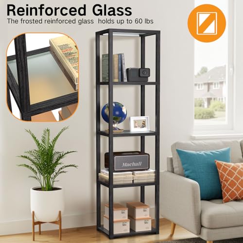 OUTON 170cm Vitrina de Vidrio con Luces, Lámpara de Pie LED Regulable con Mando a Distancia y Control por App, Estantería Abierta para Coleccionables para Sala de Estar y Dormitorio, Negra - imagen 5