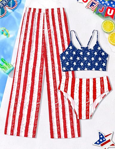 Image of NECIOUS Girls Swimsuit, 3 Piece Bikini Bathing Suit Tropical Floral Swimwear with Cover Up Pants 7-16Y