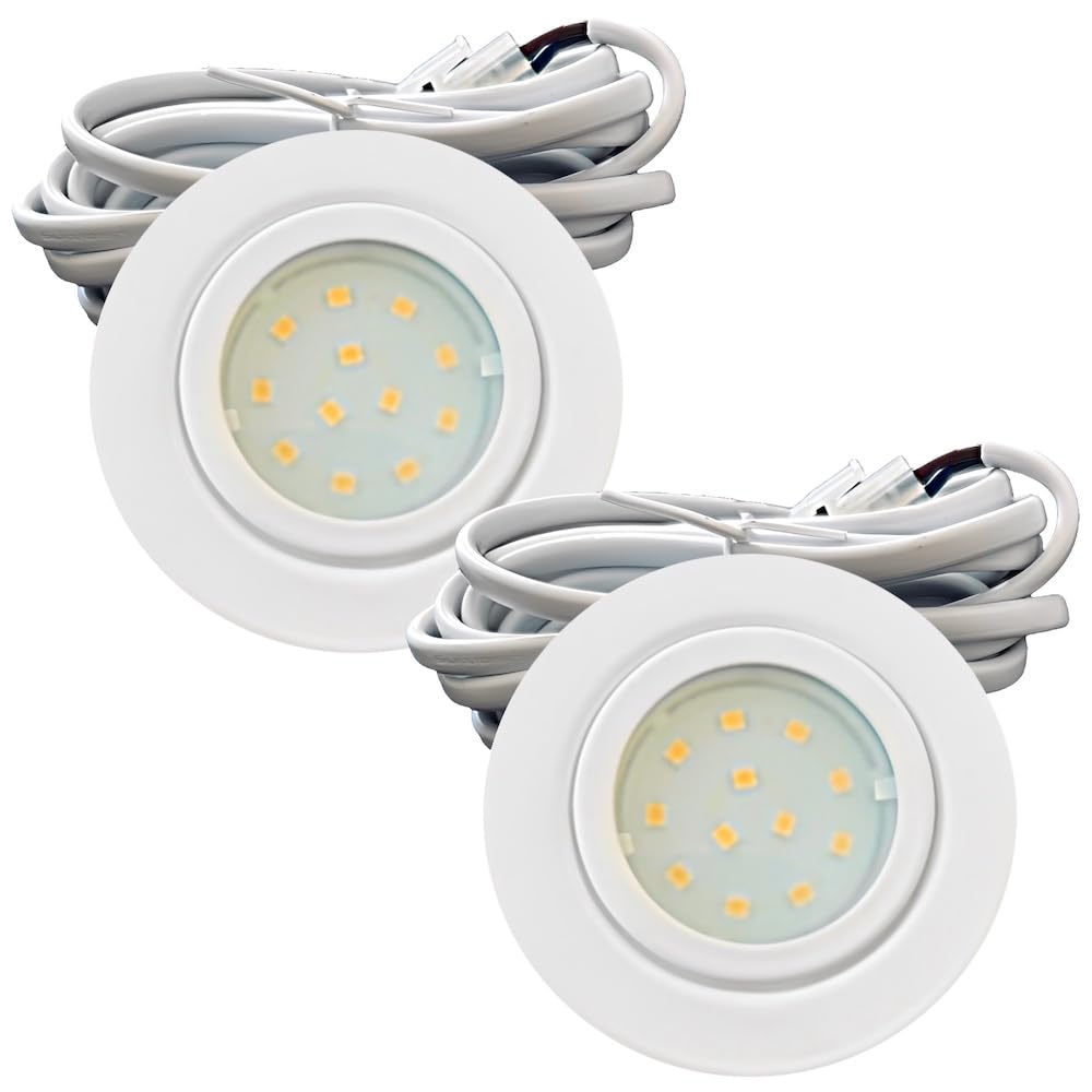 2er Set weiße LED Einbauleuchten, 12V, 2,2W, 240lm, Neutralweiß (4000K), Einbautiefe 22mm, inkl. Trafo, 230V Zuleitung, AMP Verteiler, 120°, Bohrloch 54-60mm, ideal für Küche, Bad, Möbel usw.