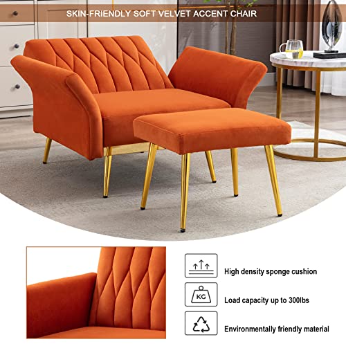 Ttgieet Velvet Accent Chair With Ottoman Modern Upholstered Tufted Armchair, Comfy Single Sofa Chair With Golden Metal Legs And Adjustable Arms For Living Room Bedroom Reading Room Office Orange #TOP6