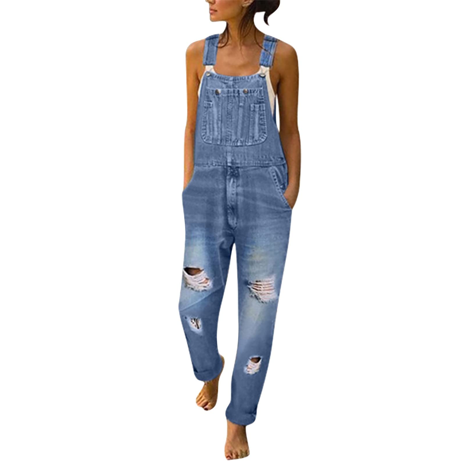 Peto para mujer, pantalones de trabajo azules, mono para mujer, de verano, largo, elegante, vaquero, elástico, de pierna recta, pantalones vaqueros con tirantes ajustables, pantalones vaqueros largos