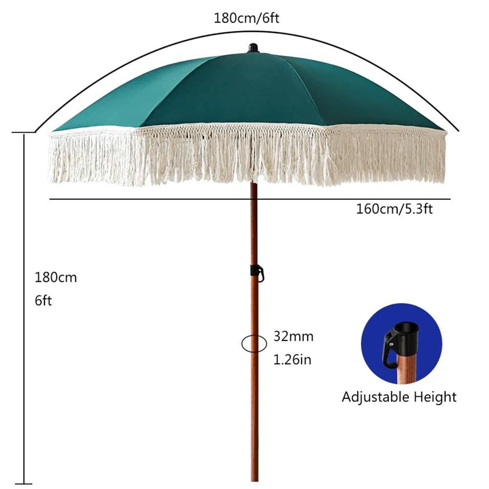Mały Parasol Ogrodowy 180 cm z Frędzlami, Przenośny Parasol Plażowy z UPF 50+ na Plażę, Balkon, Ogród i Kemping