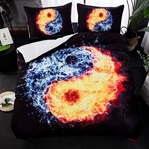 3D Printed Yin Yang Pattern Duvet Cover Set for Teens Adults,Fire and Ice Red Flame Bedding Set with Zipper Closure,3 Pieces Tai Chi Black Microfiber Quilt Cover with 2 Pillowcases Queen 90" x 90"