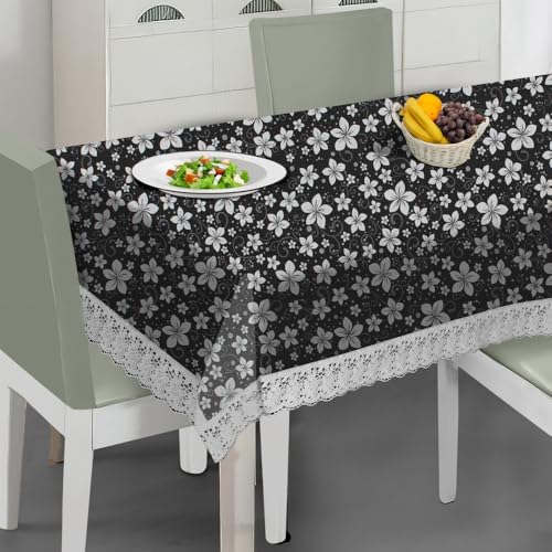 Image of The Furnishing Tree Waterproof PVC Rectangle Shaped 4 Seater Table Cover WxL 54x78 inches Floral Pattern White Black with White Border lace