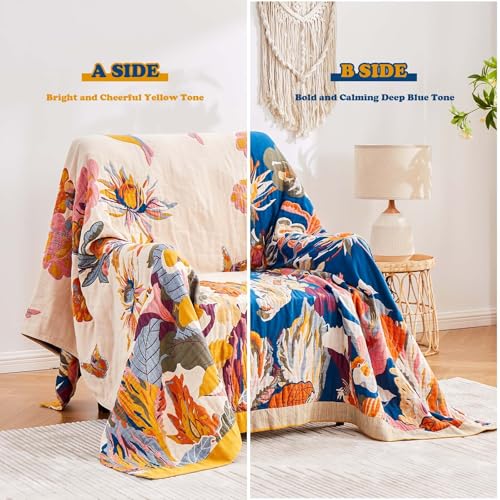 Boho Throw Blanket, 100% Cotton Ultra Soft Luxury Throw Rustic Quilt, 50"x60" Floral Bird Butterfly Farmhouse Decor Bed Blankets, All Season Rustic Reversible Bohemian Throw for Bed - Yellow - Image 3