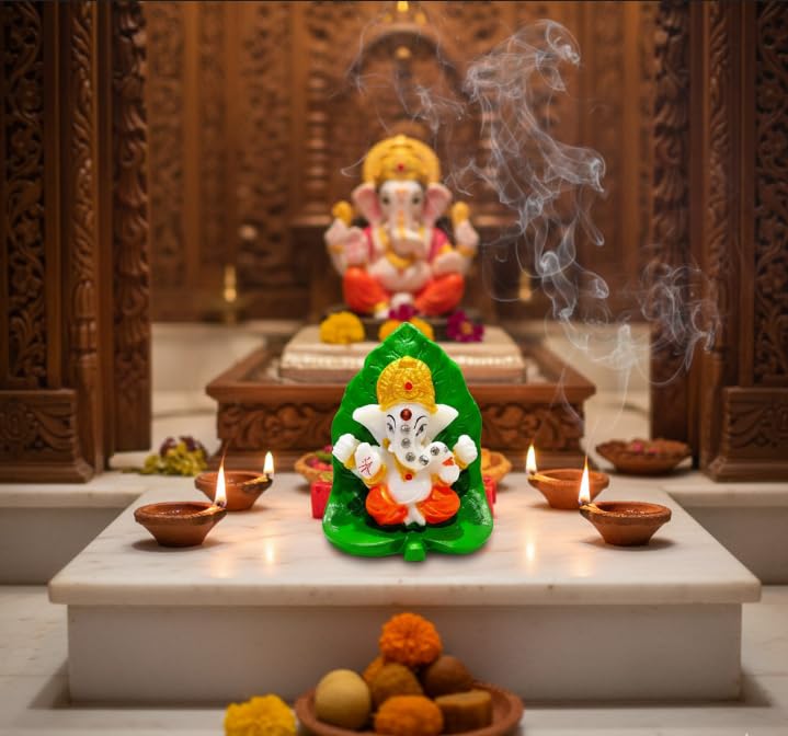 Image of Pan Ganesha Idol on Leaf Small Ganesha Idol for Pooja Resin Ganesh Murti Mini Ganesh Statue for Home Mandir Car Dashboard Decorative Ganesha Statue Spiritual Gift