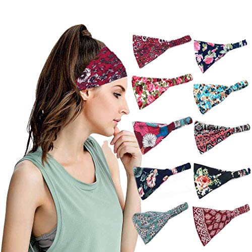 Bohend 10 Pack Boho Headbands Wide Flower Hair Band Boho Bandeau Stretchy Athletic Daily Use Hair Accessories for Women and Girls (C)