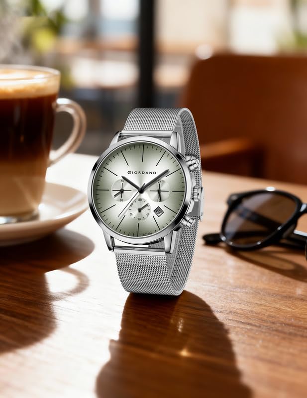Image of Giordano Formal Chronograph Watch for Men with Round Dial, Mesh Metal Strap, and Date Display