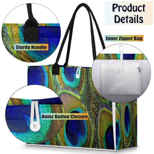 Peacock Feather Patterns Tote Bag for Women Large Beach Bag Reusable Grocery Bags Tote Bag for Work Shopping Travel Beach4