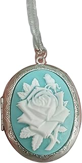 Ancient Silver Rose Cameo Locket Necklace, Big oval Photo Locket Pendant, Romantic Victorian Jewelry Gift for Her