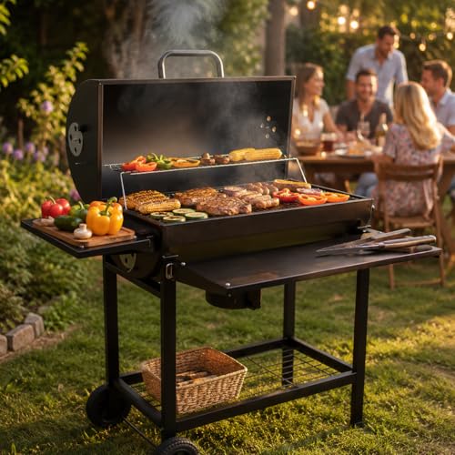 Profi Smoker Grill Holzkohle Grillwagen XL 103x110x59 cm schwarzer BBQ Standgrill aus Stahl mit Deckel Grillrost Warmhalterost Aschebehälter Ablagen Luftregulierung & Rädern für Garten Party