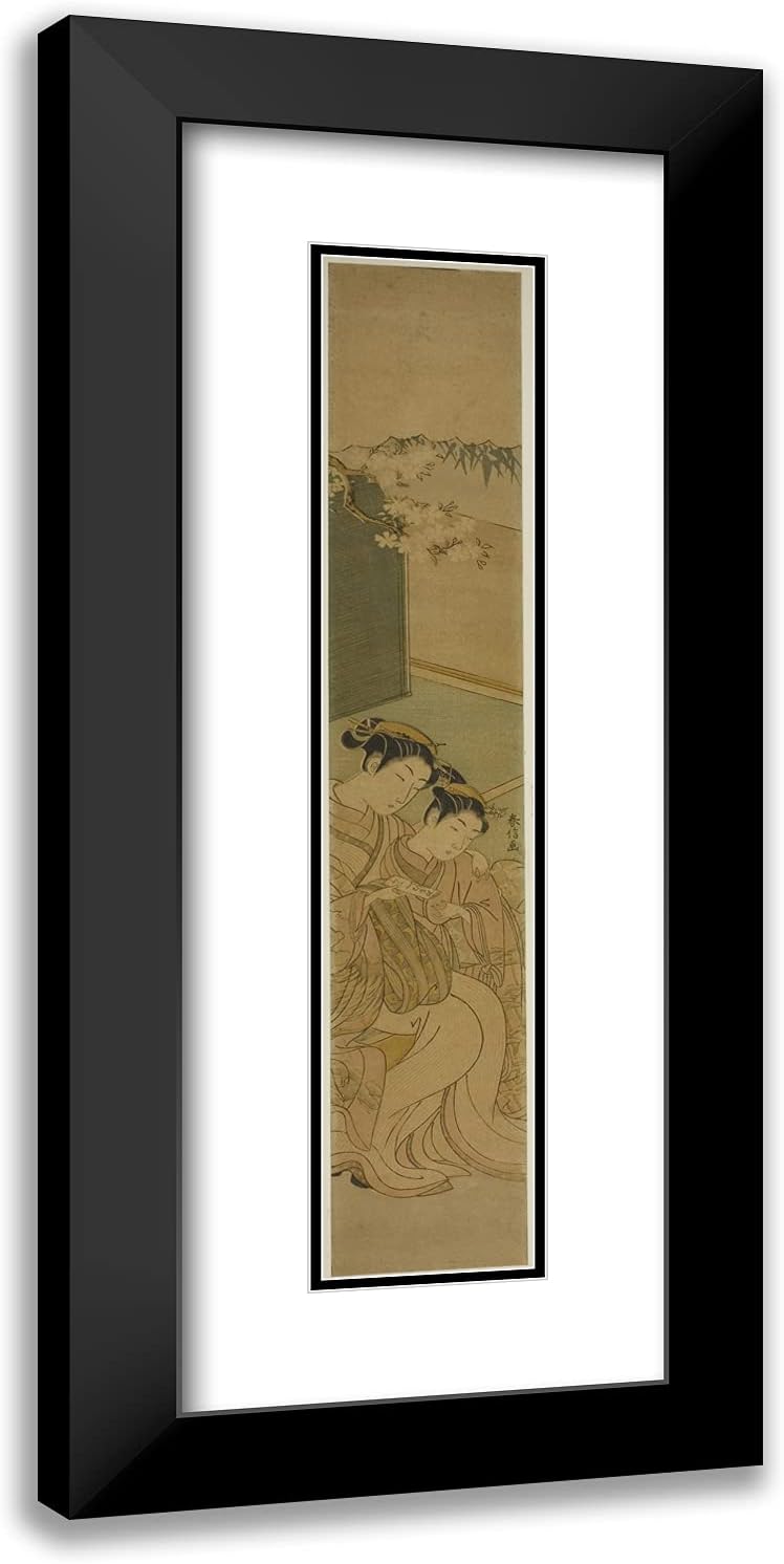 ArtDirect Suzuki Harunobu 11x24 Black Modern Framed and Double Matted Art Print Titled The Love Letter