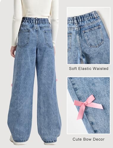 Image of Jeans for Girls Baggy Wide Leg Cute Bow High Elastic Waisted Denim Pants Y2K Boyfriend Skater Streetwear 7-14Y