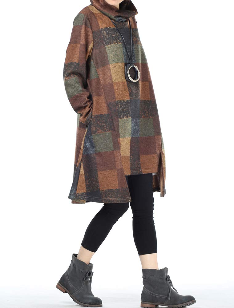 FTCayanz Femme Robe Tunique à Carreaux Manches Longues Robe Midi Plaid Ample Casual Long Tops