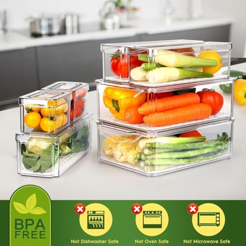 Image of Plastic 14 Pack Fridge Organizer - Stackable BPA-Free Refrigerator Bins with Lids for Fruits, Vegetables, Drinks, Cereals & Food Storage