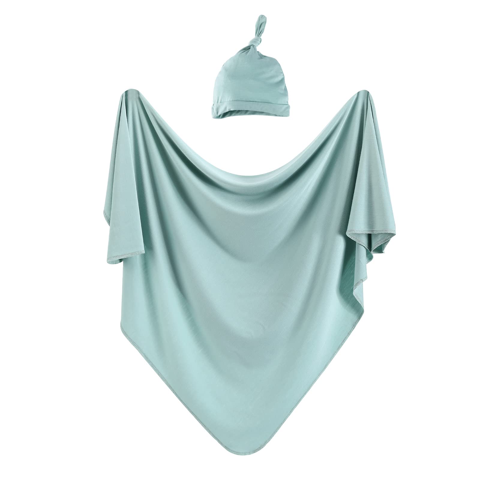 iEvolve Cotton Knitted Baby Swaddle Blanket with Hat Headband Set Newborn Swaddle Wrap Receiving Blankets for Baby Girl Boy 35" x 35"(LightGreen)