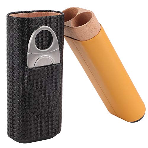 Humidor de charutos portátil com caixa de cedro, couro preto, 2 tubos e cortador de charutos, acessórios para cigarros