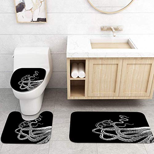 Artsocket 4 Piece Get Naked Shower Curtain Sets White Octopus Tentacles Black Vintage Sea Ocean Kraken With Non-Slip Rug, Toilet Lid Cover, Bath Mat And 12 Hooks 72X72Inch #TOP3